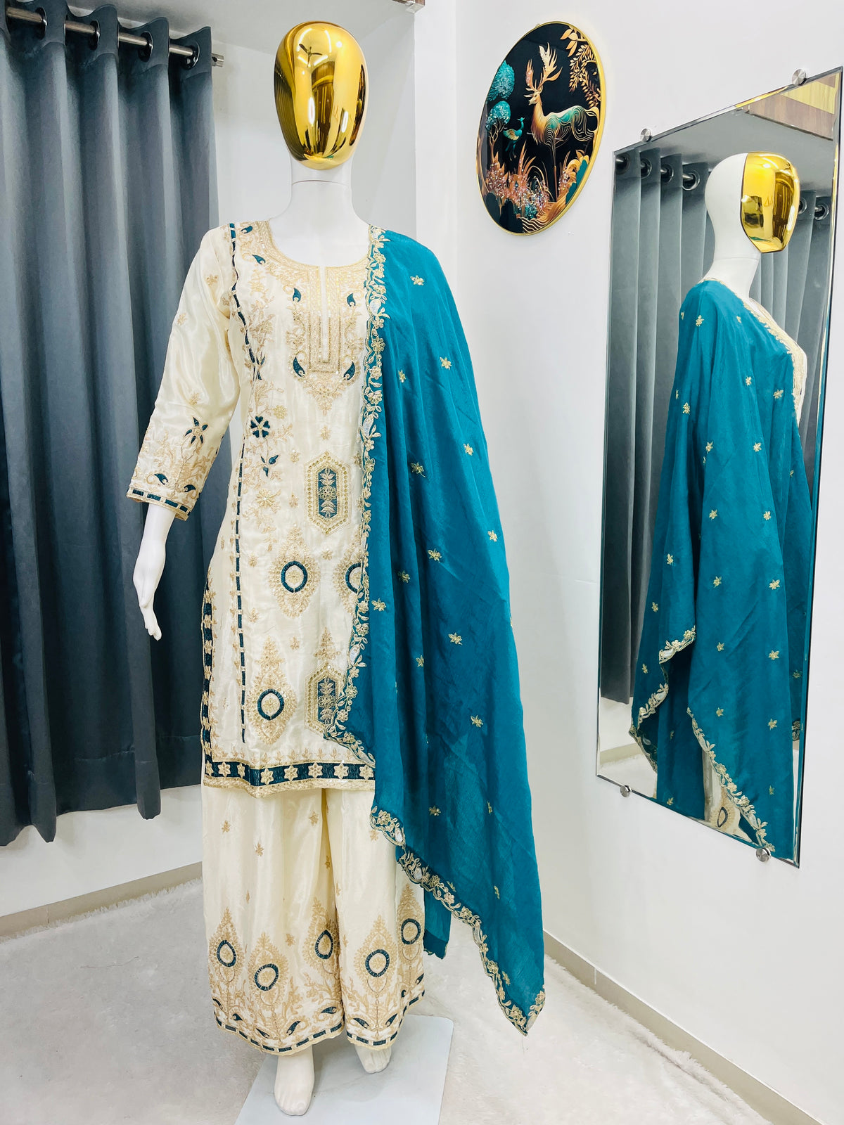 Embroidered Silk Palazzo Suit Set for Women with Dupatta