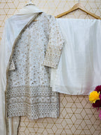 White Embroidered Silk Palazzo Suit Set for Women with Dupatta