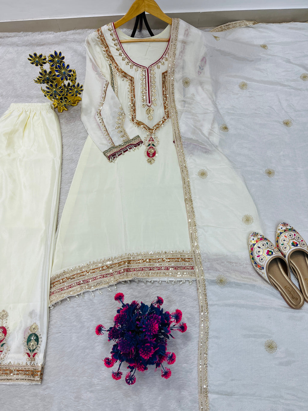 Embroidered Palazzo Set for Women with Dupatta | 3 Piece Pure Chinon Silk Festive Outfit