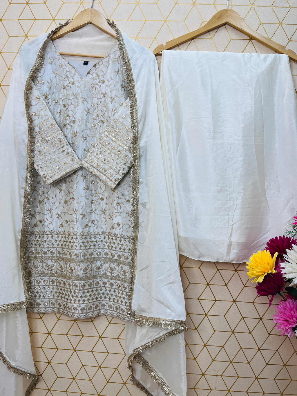 White Embroidered Silk Palazzo Suit Set for Women with Dupatta