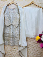 White Embroidered Silk Palazzo Suit Set for Women with Dupatta