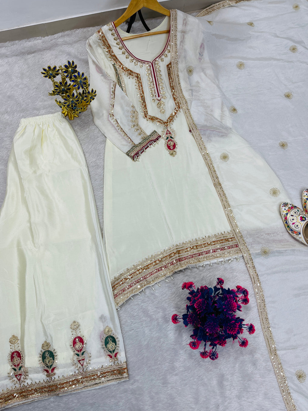 Embroidered Palazzo Set for Women with Dupatta | 3 Piece Pure Chinon Silk Festive Outfit