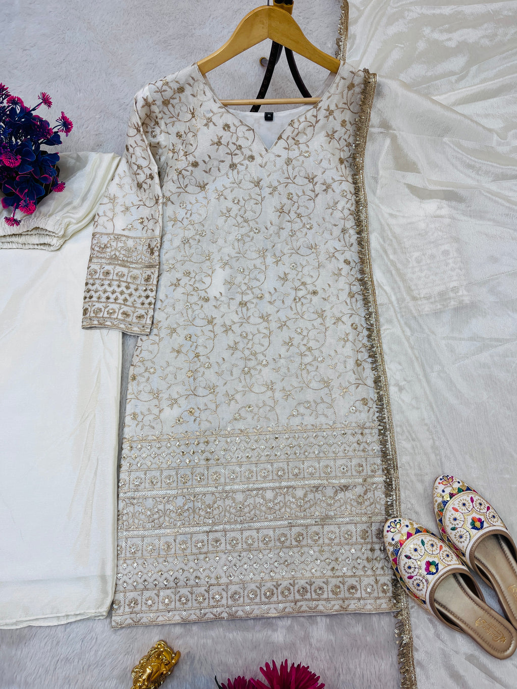 White Embroidered Silk Palazzo Suit Set for Women with Dupatta