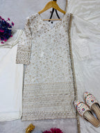 White Embroidered Silk Palazzo Suit Set for Women with Dupatta