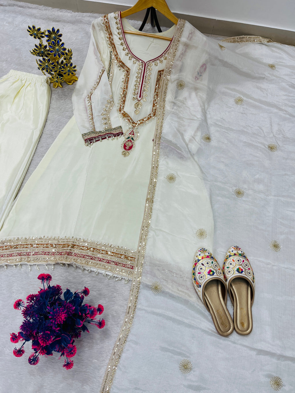 Embroidered Palazzo Set for Women with Dupatta | 3 Piece Pure Chinon Silk Festive Outfit