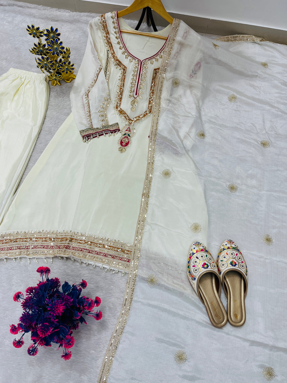Embroidered Palazzo Set for Women with Dupatta | 3 Piece Pure Chinon Silk Festive Outfit
